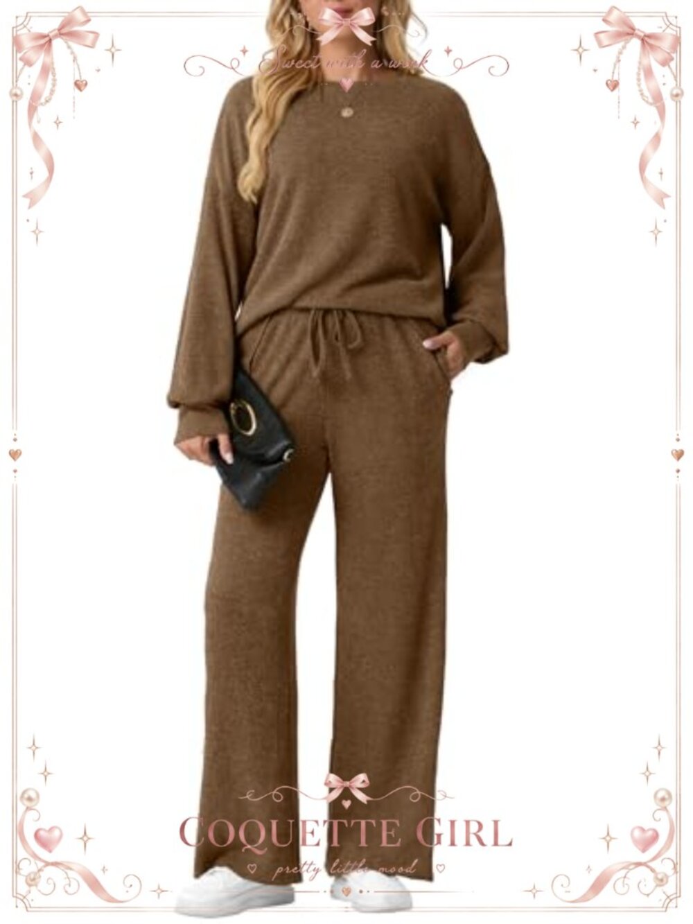 OLRIK 2 Piece Lounge Set Cozy Knit Long Sleeve Sweater Top Wide Leg Pants Women